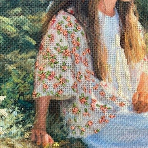 Cross Stitch Framed Wall Hanging Crewel Signed Bright Colorful Floral 18" X 20" - Picture 3 of 6